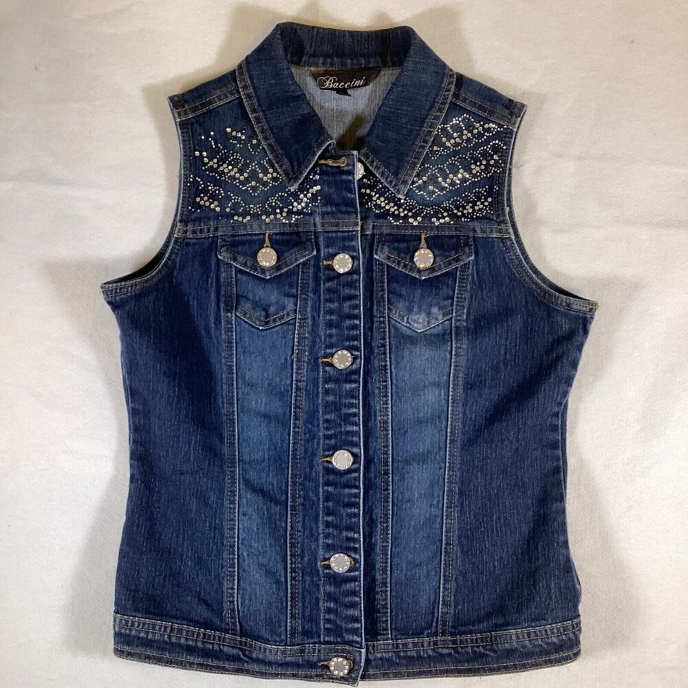 Baccini Studded Denim Womens Top Button Down Size Small Pockets Sleeveless